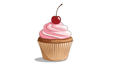Realistic cartoon illustration of a delicious chocolate cupcake with pink frosting and a single red cherry on top isolated.