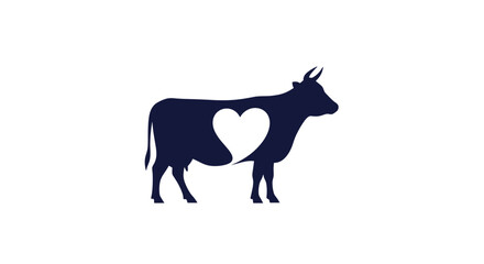 Simple and bold dark blue silhouette of a cow with a heart-shaped cutout symbolizing love for animals and vegan lifestyle.