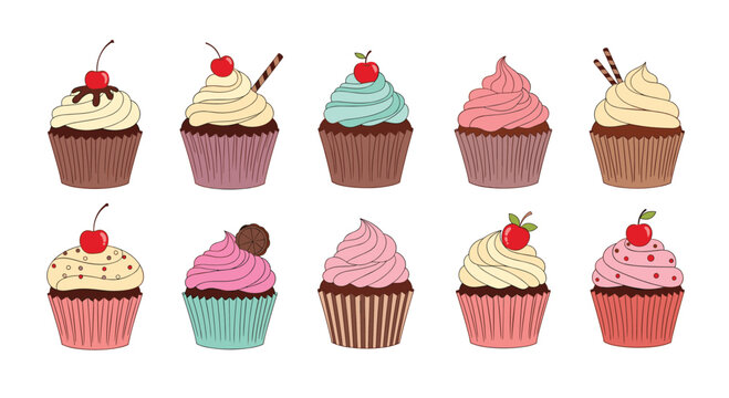 A delicious set of ten colorful hand-drawn cupcakes with various frostings and toppings like cherries and chocolate wafers.