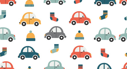 Seamless and cute winter pattern for children with colorful cartoon cars knitted hats and socks on a plain white background.