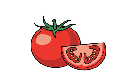 Simple and fresh cartoon illustration of a whole red tomato with its green stem and a single juicy wedge slice beside it.