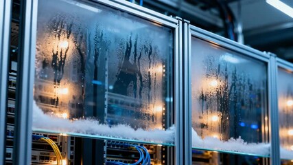 Medium shot of advanced insulation glass panel showcasing superior thermal properties in a hightech data center environment