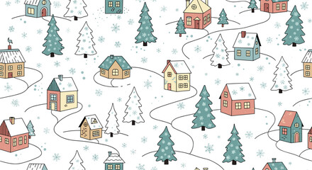Cozy seamless winter pattern featuring a charming hand-drawn village with snowy houses and fir trees for a festive holiday design.