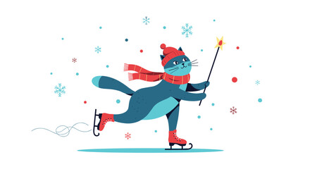 Whimsical cartoon cat in a red hat and scarf ice skating with a magic wand under falling snow for a fun winter holiday card.