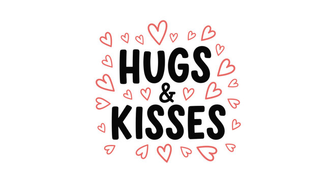 Romantic and cute Hugs & Kisses lettering design surrounded by a flurry of hand-drawn pink hearts for Valentine's Day.