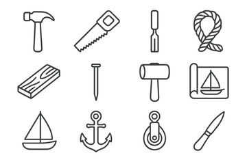 Obraz premium Shipbuilding Tool Icons. Line style icons of Shipbuilding Tools: hammer, saw, chisel, rope; plank, nail, mallet, blueprint; sail,