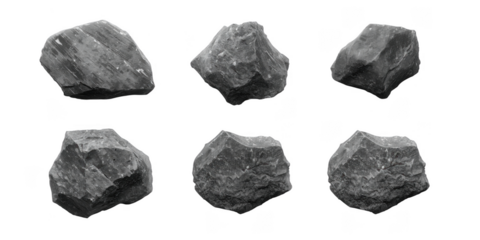Collection of six basalt rocks isolated on transparent background, showcasing their rough texture