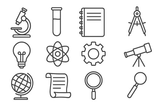 Science Icon Collection. Line style icons of Philosophy of Science: Microscope, Test Tube, Notebook, Compass; Light Bulb, Atom,