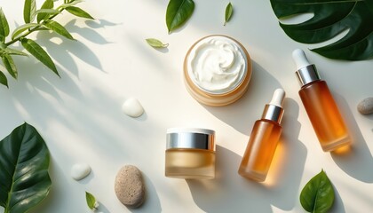 Natural skincare set with serum bottles and cream jar. Organic beauty products arranged with green leaves and stones. Refreshing face care essentials for healthy skin.