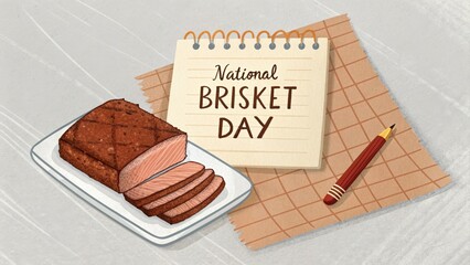 A sliced brisket on a plate near a National Brisket Day notepad