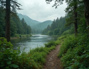 Wide forest river flows through green valley. Dirt path winds along overgrown riverbank with lush vegetation and tall trees. Misty mountains rise in distance under cloudy sky.