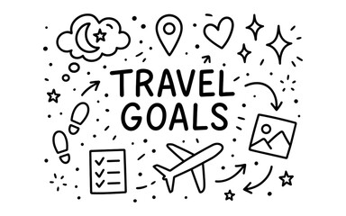 Hand-drawn travel icons featuring airplane, map pin, and adventure elements