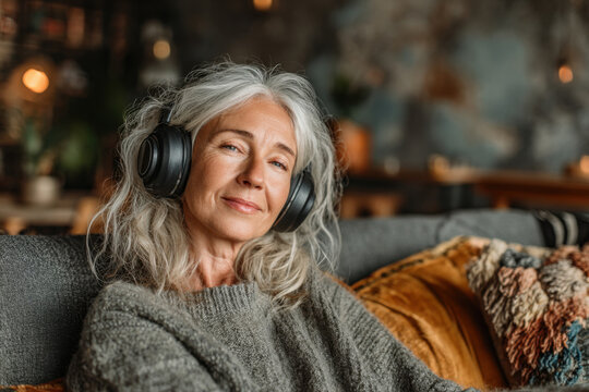 A middle-aged woman is comfortably settled into a well-loved couch in her living room and listens to music through headphones. Precious moment of pause and personal indulgence