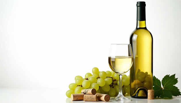 Bottle of white wine next to glass filled with wine. Bunch of green grapes and corks lay on white surface. Fresh fruit beverage for celebration or meal.