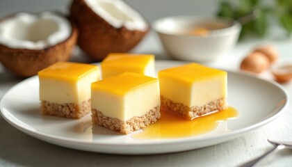Four small square custard desserts with yellow topping sit on white plate. Coconut halves and eggs nearby suggest ingredients. Sweet treat is ready for serving.