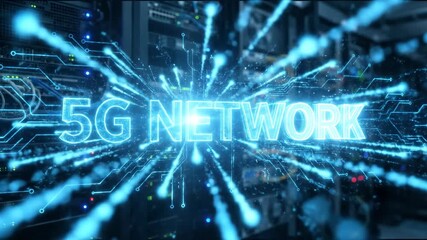 5G network emerging in digital server room. Futuristic connectivity animation with glowing blue holograms and energy lines. Modern internet technology visualization. video footage video footage - Powered by Adobe