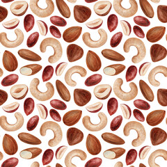 Hazelnuts, cashews, peanuts, and almonds, watercolor seamless pattern. Hand-drawn illustration, mixed nuts. Healthy snacks.