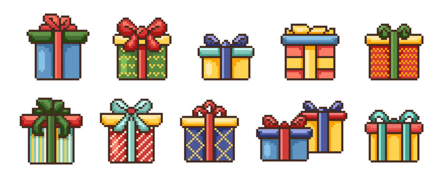 Pixel Gift box game icon vector set. Retro computer 8 bit pixelated present holiday elements