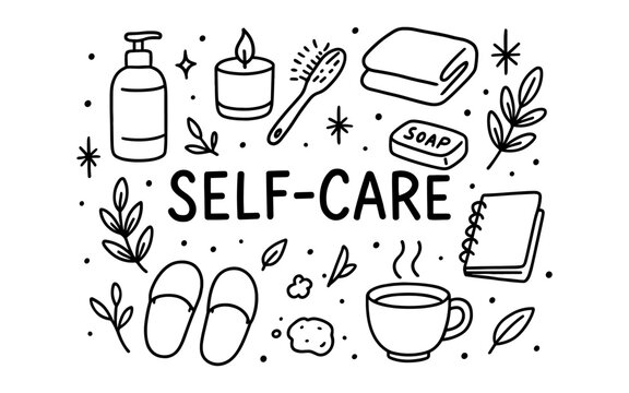 Self care doodle art featuring relaxing elements and skincare essentials