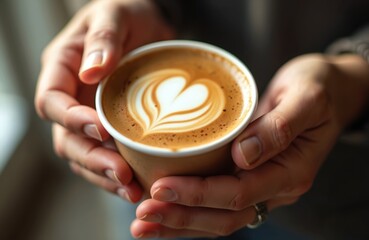 Hands hold warm paper cup with latte art heart design. Person enjoys morning coffee beverage at cafe table. Casual drink, caffeine energy boost and relaxation.