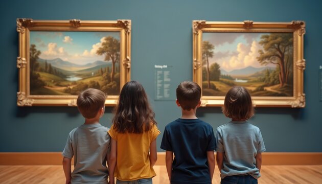 Four young children stand looking at two landscape paintings in a gallery. They are on a school field trip, learning about art. Children observe artwork in a museum.