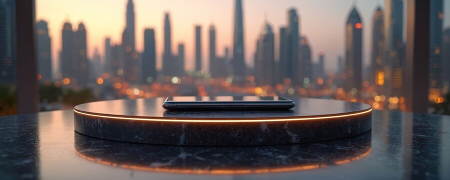 Sleek smartphone rests on illuminated black marble podium. Dubai city skyline at sunset provides luxury urban backdrop. Modern product display for tech promotion.