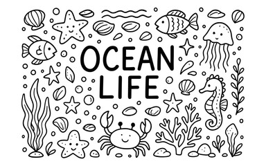 Underwater world doodle art featuring marine animals and ocean life elements