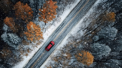 Aerial view of red car on the road with forest trees entering winter season. Concept of winter coming and autumn leaving.