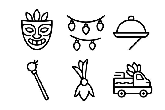 Cultural Event Icons. Linear minimalistic cultural event icon: folk mask, string lights, food tray, ceremonial stick, costume