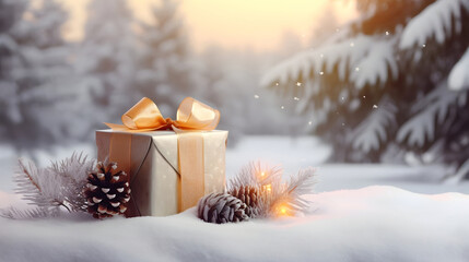 Still life with Christmas gift with orange ribbon, pine cones and branches on snow covered surface inside a winter forest with spruce and fir trees and sunset in the background.
