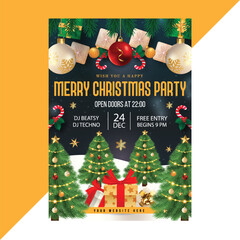 Magical Merry Christmas party flyer template featuring a festive winter scene with glowing Christmas trees, elegant ornaments, and gift boxes on a dark night background