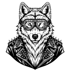 Obraz premium A unique portrayal of a wolf, personified with a biker jacket and goggles, offering a bold statement of rebellion and individuality. vector illustration