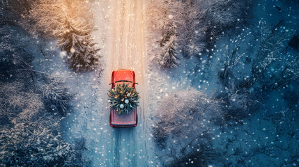 Aerial view of Christmas decorated car carrying Christmas tree on the road in a winter forest covered with snow in snowfall. Concept of Christmas transportation, shipping and delivery.