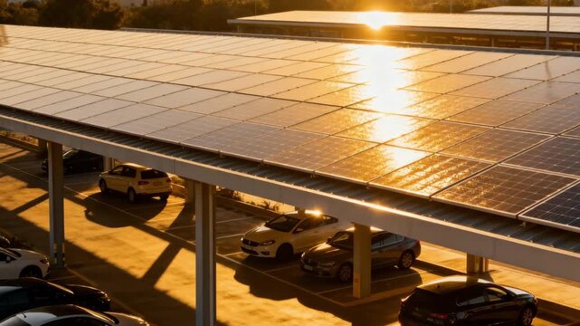 Medium shot of a solar parking lot with sunlight reflecting off integrated photovoltaic tiles powering urban spaces sustainably