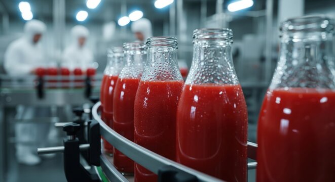 Automated conveyor belt with glass bottles of tomato juice at a modern food processing plant, manufacturing concept.
 - Powered by Adobe