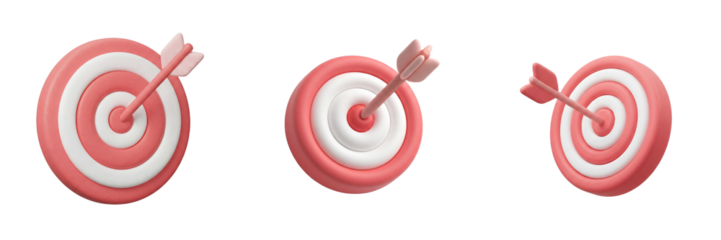 3D business targets with arrows hitting bullseye, representing goals, focus, and successful strategy, isolated on transparent background.