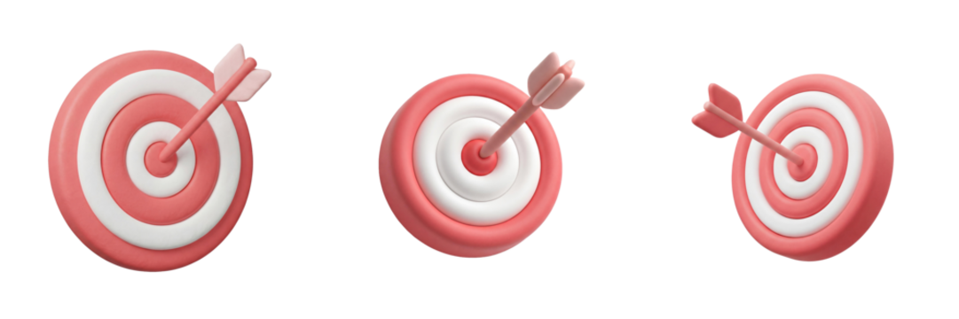 3D business targets with arrows hitting bullseye, representing goals, focus, and successful strategy, isolated on transparent background. - Powered by Adobe