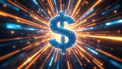Sparkling blue dollar sign radiates energetic light beams. Symbolizes financial growth, wealth accumulation, and lucrative profit opportunities. Represents economic success and prosperity.