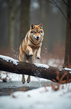 Wolf leaps over log in snowy forest stream. Wild animal moves with grace and power through cold winter nature. Predator prepares for hunt with intense gaze.