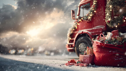 Close-up of decorated Christmas truck and gift sack on snowy road with heavy snowfall and sun shining through winter clouds.