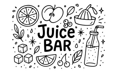 Hand drawn juice bar elements with fruits and bottle design