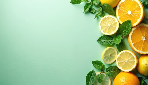 Sliced lemons and oranges with fresh mint leaves arranged on a light green background. Juicy citrus fruits and aromatic herbs create a vibrant, healthy composition, perfect for summer drinks. - Powered by Adobe