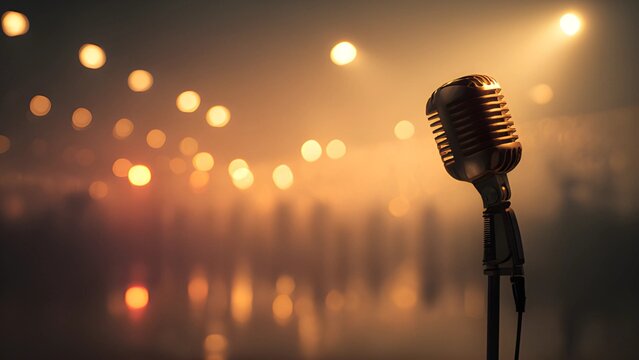 Vintage open microphone on a stand against a blurred background of warm, colorful stage lights for live performance venue, recording studio. Musical instrument mic classic vintage style performance - Powered by Adobe
