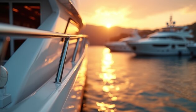White yacht moors at harbor during golden hour sunset. Calm water reflects sunbeams off luxury boats docked at marina. Peaceful evening scene.