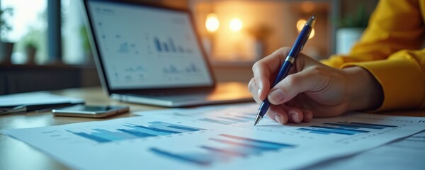 Financial analyst reviews report data. Person uses pen to analyze business paperwork. Laptop displays charts and graphs. Office table has phone and financial docs for review process.