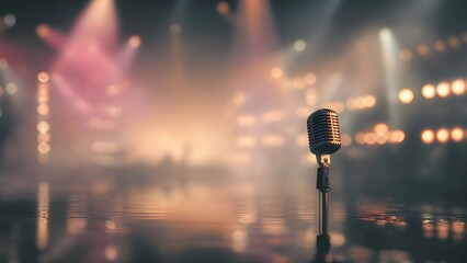 Vintage open microphone on a stand against a blurred background of warm, colorful stage lights for live performance venue, recording studio. Musical instrument mic classic vintage style performance