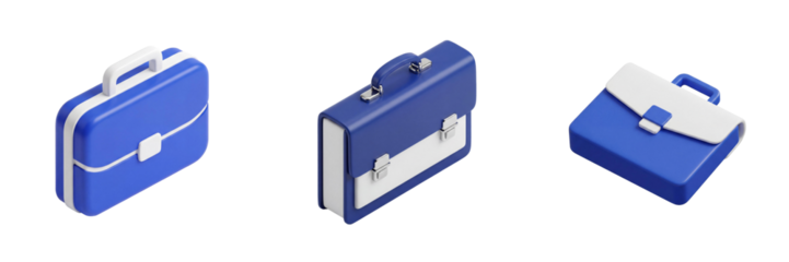 Set of three blue 3D briefcase icons isolated on transparent background for business design elements