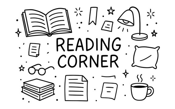 Cozy reading corner doodles with books, glasses, and warm tea