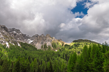 alpine landscape along the trail through San Nicolò valley, Val di Fassa, Dolomites, Italy