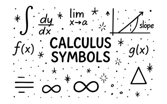 Hand drawn calculus symbols and graphs with derivatives and functions